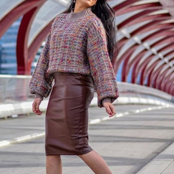 Brown Faux Leather Pencil Skirt - Picture 5 of 9